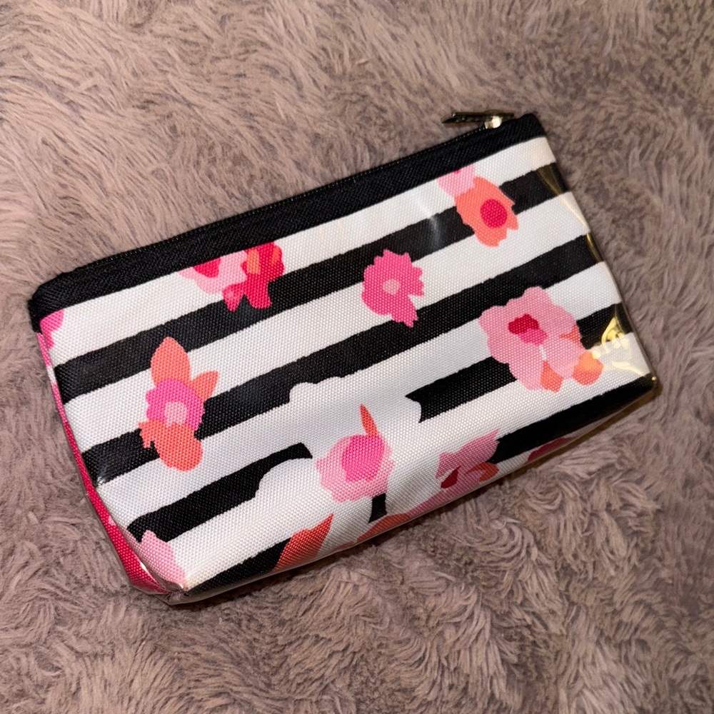 Floral Striped cosmetic makeup zipper closure Pouch pink black & white - Picture 1 of 5